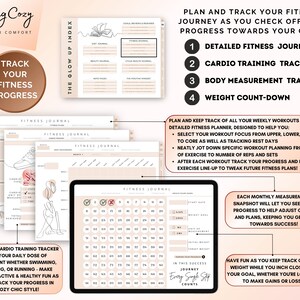 Puede incluir: Un conjunto de rastreadores de fitness imprimibles en tonos rosa y marr&oacute;n. Los rastreadores incluyen un diario de fitness detallado, un rastreador de entrenamiento cardiovascular, un rastreador de medidas corporales y un rastreador de conteo de peso. El texto "Plan and Track Your Fitness Journey" est&aacute; en la parte superior de la imagen.