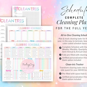 Comprehensive yearly cleaning plans and gamified Clean-tris tracker for ADHD home organization. Features a color-coded all-in-one schedule for daily, weekly, monthly, quarterly, semi-annual, and annual tasks; includes pre-filled and blank personalization-friendly printable PDF templates.