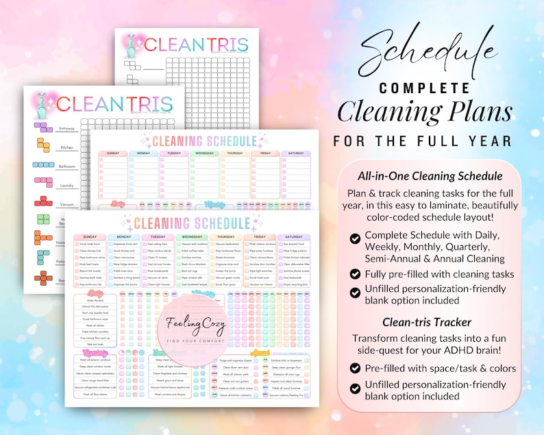Comprehensive yearly cleaning plans and gamified Clean-tris tracker for ADHD home organization. Features a color-coded all-in-one schedule for daily, weekly, monthly, quarterly, semi-annual, and annual tasks; includes pre-filled and blank personalization-friendly printable PDF templates.