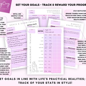 May include: A pink and purple printable planner with the text "Set Your Goals - Track & Reward Your Progress!" and "Feeling Cozy Find Your Comfort". The planner includes sections for initial stats, goals, notes, body measurements, and a biweekly check-point.