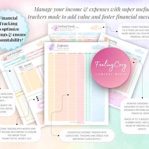 Financial tracking bundle showing sinking funds sheets, cash envelopes tracker, income tracker with net income recording, monthly spending tracker, and expense tracker with cash and card logs.