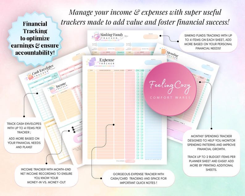 Financial tracking bundle showing sinking funds sheets, cash envelopes tracker, income tracker with net income recording, monthly spending tracker, and expense tracker with cash and card logs.