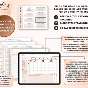 Puede incluir: Un diario imprimible rosa y blanco con el t&iacute;tulo "Cycle Health Journal" y el texto "&iexcl;Mant&eacute;n tu salud bajo control equilibrando el sue&ntilde;o y los patrones del ciclo menstrual!" El diario est&aacute; dise&ntilde;ado para ayudar a controlar el sue&ntilde;o y los ciclos menstruales.