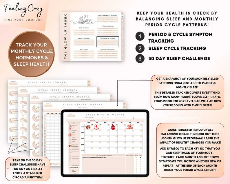 Puede incluir: Un diario imprimible rosa y blanco con el t&iacute;tulo "Cycle Health Journal" y el texto "&iexcl;Mant&eacute;n tu salud bajo control equilibrando el sue&ntilde;o y los patrones del ciclo menstrual!" El diario est&aacute; dise&ntilde;ado para ayudar a controlar el sue&ntilde;o y los ciclos menstruales.