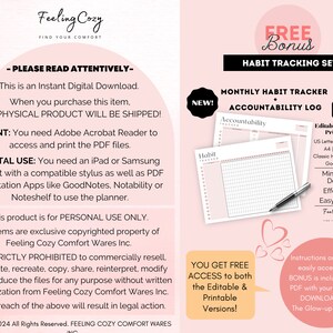 May include: Pink and white printable habit tracker and accountability log with the text "FREE Bonus Habit Tracking Set" and "NEW! Monthly Habit Tracker Accountability Log". The printable planner is a minimalist design with a grid layout and is editable and fillable. The text "Editable Fillable Printable" is also included in the image. The text "You get free access to both the editable & printable versions!" is also included in the image.