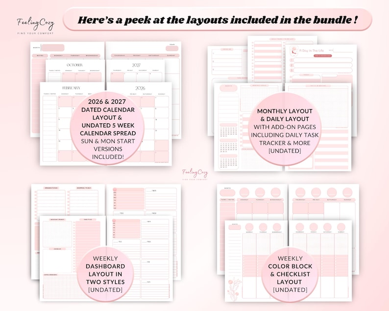 2026 Calendar Layout, monthly Layout, daily layout, weekly dashboard layout, weekly color block layout