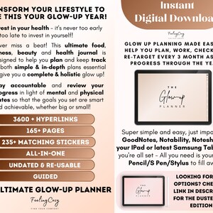 Puede incluir: Una descarga digital para un planificador de crecimiento personal con un fondo melocot&oacute;n y el texto "The Glow-up Planner" en negro. El planificador incluye 3600 hiperv&iacute;nculos, 165 p&aacute;ginas, 235 pegatinas a juego, y es todo en uno, sin fecha y reutilizable. El planificador est&aacute; guiado y es el planificador de crecimiento personal definitivo.