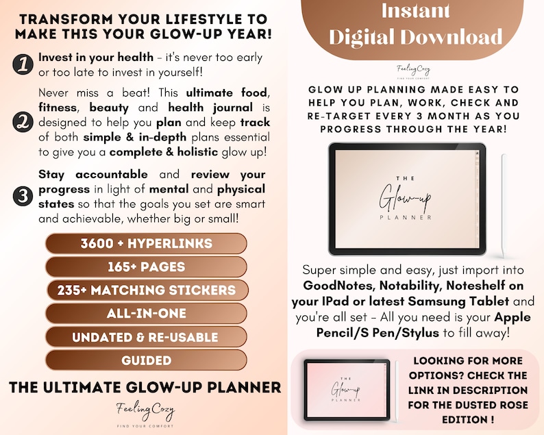 Puede incluir: Una descarga digital para un planificador de crecimiento personal con un fondo melocot&oacute;n y el texto "The Glow-up Planner" en negro. El planificador incluye 3600 hiperv&iacute;nculos, 165 p&aacute;ginas, 235 pegatinas a juego, y es todo en uno, sin fecha y reutilizable. El planificador est&aacute; guiado y es el planificador de crecimiento personal definitivo.