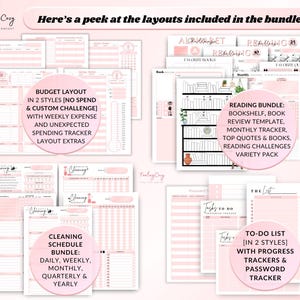 Happy Planner Budget, Budget printable, Budget Layout, reading review template, monthly tracker, reading challenges, cleaning schedule, cleaning chore chart, to do list, password tracker