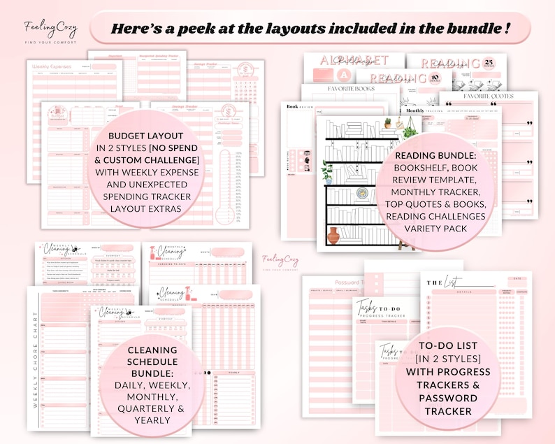 Happy Planner Budget, Budget printable, Budget Layout, reading review template, monthly tracker, reading challenges, cleaning schedule, cleaning chore chart, to do list, password tracker