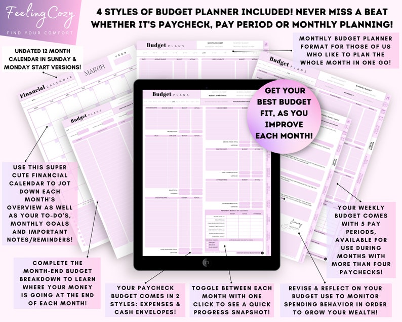 May include: Four different styles of budget planner templates in pink and white. The templates include a monthly budget planner, a pay period budget planner, and a weekly budget planner. The text on the image reads "4 Styles of Budget Planner Included! Never Miss a Beat Whether It's Paycheck, Pay Period or Monthly Planning!"