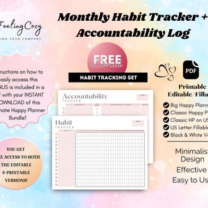 Minimalist goal setting and habit tracker inserts for daily accountability; includes printable and fillable monthly routine builders in a clean black and white style. Compatible with US Letter and Happy Planner sizes for streamlined personal growth and habit tracking.