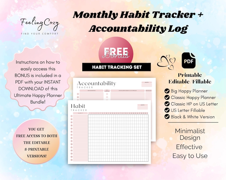 Minimalist goal setting and habit tracker inserts for daily accountability; includes printable and fillable monthly routine builders in a clean black and white style. Compatible with US Letter and Happy Planner sizes for streamlined personal growth and habit tracking.