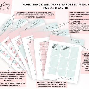 May include: A pink and blue printable planner with the title "Feeling Cozy: Find Your Comfort" and the text "Plan, Track and Make Targeted Meals for A+ Health!"  The planner includes sections for a 30-day healthy diet challenge, a 30-day no sugar challenge, healthy recipe diaries, a weekly meal plan, a hydration and supplements tracker, a grocery list, and a budget tracker.