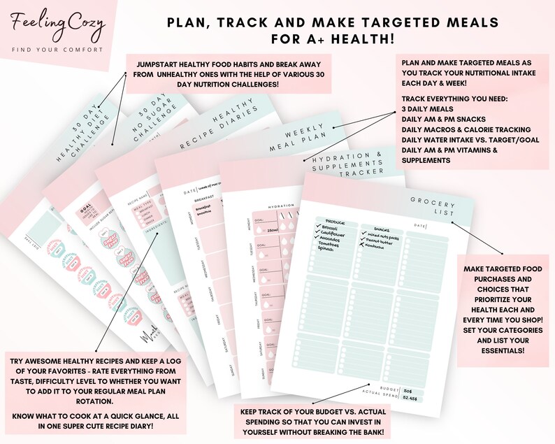 May include: A pink and blue printable planner with the title "Feeling Cozy: Find Your Comfort" and the text "Plan, Track and Make Targeted Meals for A+ Health!"  The planner includes sections for a 30-day healthy diet challenge, a 30-day no sugar challenge, healthy recipe diaries, a weekly meal plan, a hydration and supplements tracker, a grocery list, and a budget tracker.