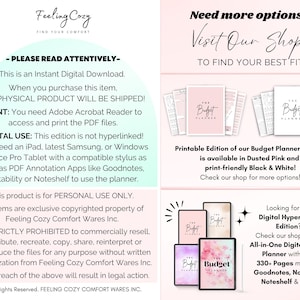 May include: A digital budget planner information sheet featuring text instructions for instant download, printing, and digital use. The document displays various planner cover designs in pink, white, and floral patterns with the text The Budget Planner.
