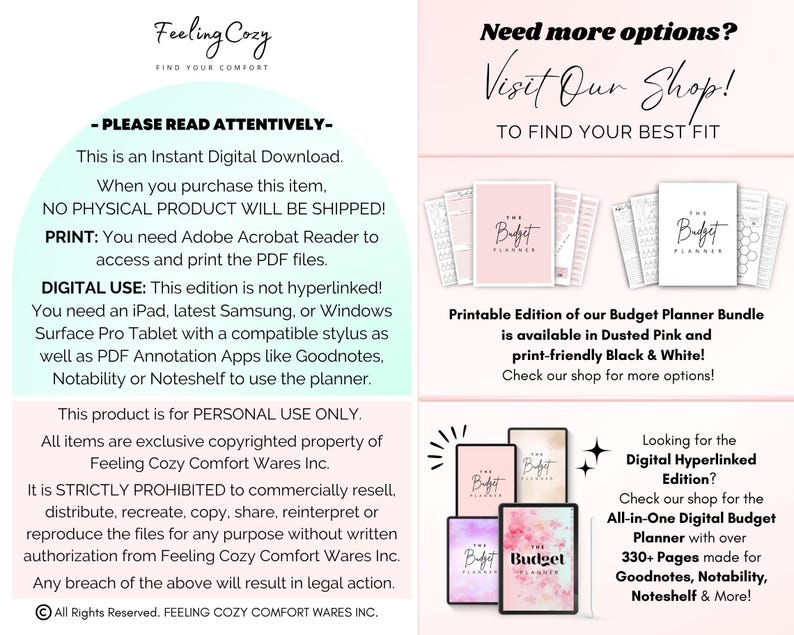 May include: A digital budget planner information sheet featuring text instructions for instant download, printing, and digital use. The document displays various planner cover designs in pink, white, and floral patterns with the text The Budget Planner.