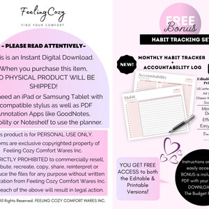 May include: A pink and white printable habit tracker and accountability log with the text "FREE Bonus Habit Tracking Set" and "Monthly Habit Tracker Accountability Log". The printable is available in US Letter, Half Letter, A4, A5, and A6 sizes. The text "Editable Fillable Printable" is also included. The text "You Get Free Access to both the Editable & Printable Versions!" is included in a pink heart shape.