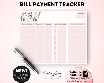 Monthly Bill Tracker Printable: Bill Payment Log Checklist (US Letter, A4, A5)