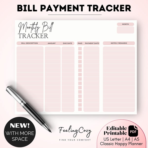 Bill Tracker, Bill Tracker afdrukbaar, maandelijkse Bill Tracker | Abonnement Factuur Betaling Logchecklist | Digitale GoodNotes, US Letter, A4, A5