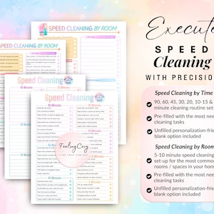 High-efficiency room-by-room speed cleaning checklists featuring a 5-10 minute set-up for kitchens, bedrooms, and bathrooms; includes precision time-based routines and colorful blank printable templates for custom home maintenance.