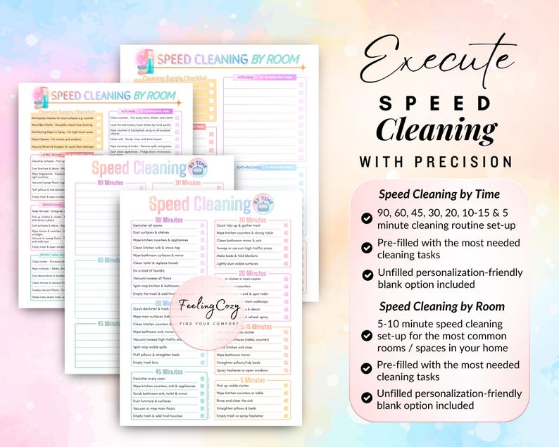 High-efficiency room-by-room speed cleaning checklists featuring a 5-10 minute set-up for kitchens, bedrooms, and bathrooms; includes precision time-based routines and colorful blank printable templates for custom home maintenance.