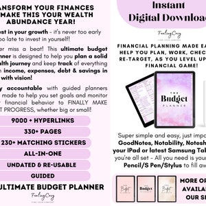 May include: A pink and white digital budget planner with the text "The Budget Planner" on the cover. The planner includes 9000 hyperlinks, 330 pages, 230 matching stickers, and is all-in-one, undated, and reusable. The planner is available as an instant digital download.
