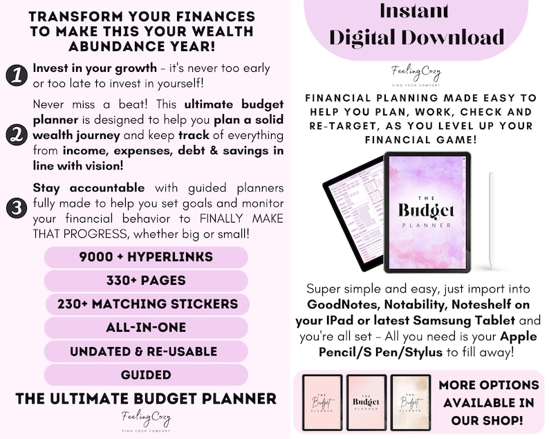 May include: A pink and white digital budget planner with the text "The Budget Planner" on the cover. The planner includes 9000 hyperlinks, 330 pages, 230 matching stickers, and is all-in-one, undated, and reusable. The planner is available as an instant digital download.