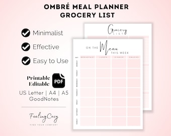 Pink Ombré Meal Planner: Weekly Menu, Grocery List (Printable PDF)
