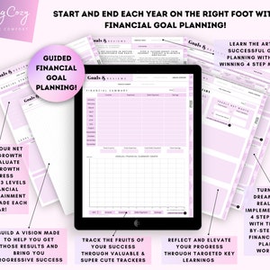 May include: A pink and white financial goal planning workbook with the text "Start and end each year on the right foot with financial goal planning!" and "Guided Financial Goal Planning!"  The workbook includes sections for tracking net worth, annual financial summary, and yearly net worth.