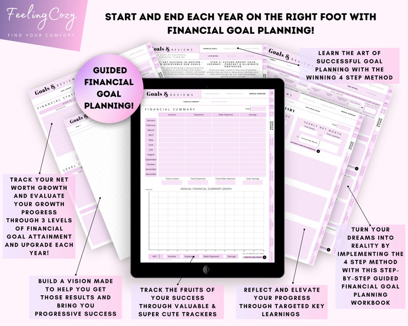 May include: A pink and white financial goal planning workbook with the text "Start and end each year on the right foot with financial goal planning!" and "Guided Financial Goal Planning!"  The workbook includes sections for tracking net worth, annual financial summary, and yearly net worth.