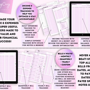 May include: A set of printable financial trackers in pink and white with headings such as "Income & Expense Tracking", "Daily Spending Tracker", "Simple Expense Tracker", "Income Tracker", "Expense Tracker", "Bills 4 Ways", and "Never Miss a Beat".