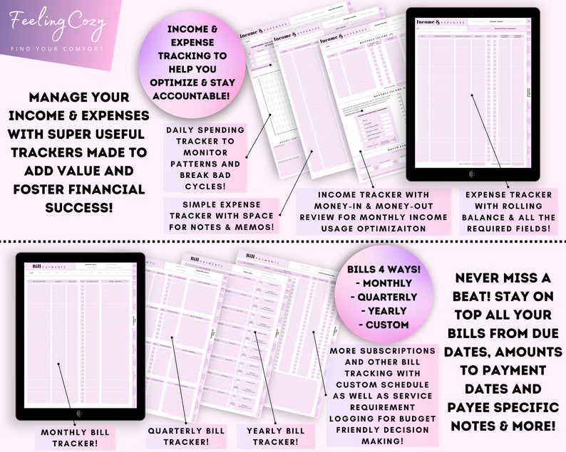 May include: A set of printable financial trackers in pink and white with headings such as "Income & Expense Tracking", "Daily Spending Tracker", "Simple Expense Tracker", "Income Tracker", "Expense Tracker", "Bills 4 Ways", and "Never Miss a Beat".