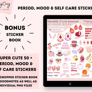 May include: A digital sticker book on a tablet screen, featuring period, mood, and self-care stickers. The stickers include illustrations of menstrual products, emotions, and phrases like "Happy" and "Cramps."