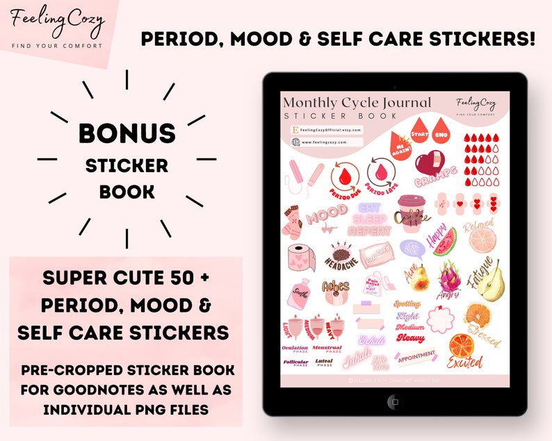 May include: A digital sticker book on a tablet screen, featuring period, mood, and self-care stickers. The stickers include illustrations of menstrual products, emotions, and phrases like "Happy" and "Cramps."