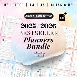 Paquete de planificadores imprimibles Mega 2025-2026: Plantillas de planificadores A5 (mensuales, diarios, semanales y por hora) (A4, A5, carta, PDF)
