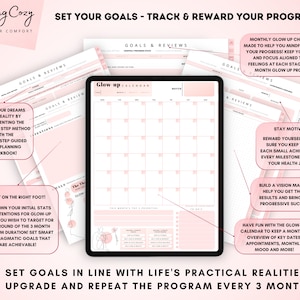 Może przedstawiać: R&oacute;żowo-biały planowalny planer z tekstem "Glow-up Calendar" i "Set Your Goals - Track & Reward Your Progress!" Planer zawiera sekcje na cele, recenzje i miesięczne kontrole.