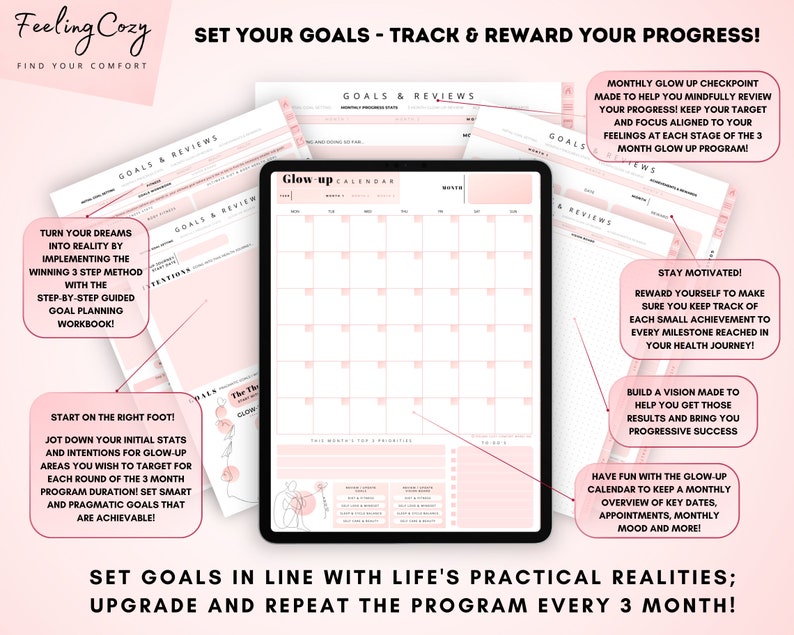 Może przedstawiać: R&oacute;żowo-biały planowalny planer z tekstem "Glow-up Calendar" i "Set Your Goals - Track & Reward Your Progress!" Planer zawiera sekcje na cele, recenzje i miesięczne kontrole.