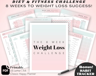 8 Week Weight Loss Challenge | Selfcare, Fitness, Workout, Body Measurement Planners and Trackers
