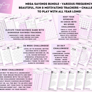 May include: A set of printable savings trackers and challenges in pink and white. The trackers include a 26-week challenge, a 30-day challenge, and a 52-week challenge. The challenges are designed to help you save money and reach your financial goals.