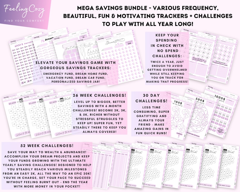 May include: A set of printable savings trackers and challenges in pink and white. The trackers include a 26-week challenge, a 30-day challenge, and a 52-week challenge. The challenges are designed to help you save money and reach your financial goals.