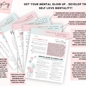 May include: A printable worksheet set with pink and blue accents, titled "Get Your Mental Glow Up - Develop the Self Love Mentality!" The worksheets include a mood tracker, a four-week mental glow-up challenge, a positive mindset checklist, and a gratitude journal.