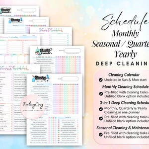 Comprehensive monthly, seasonal, and quarterly deep cleaning schedule for ADHD home maintenance; features pre-filled seasonal maintenance lists for spring, summer, autumn, and winter, undated monthly cleaning calendars, and 3-in-1 deep cleaning trackers with blank personalization-friendly options.
