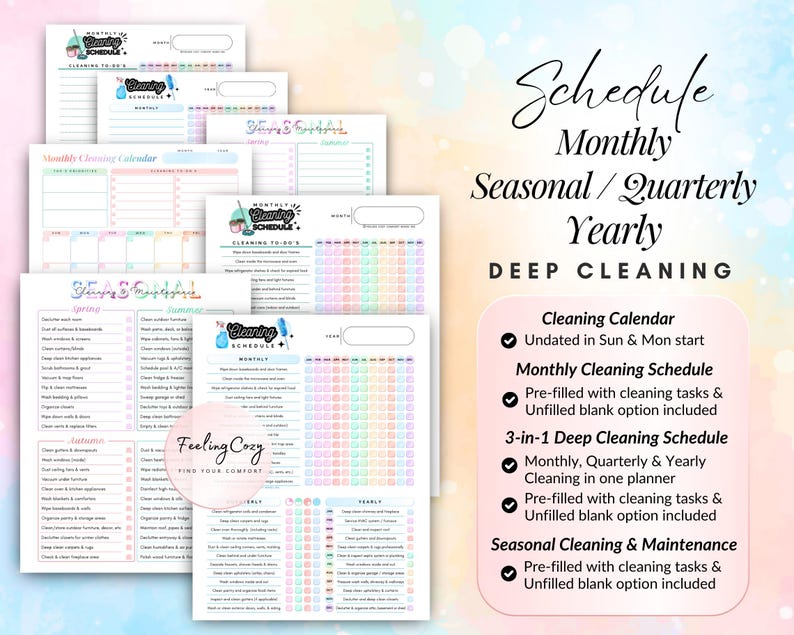 Comprehensive monthly, seasonal, and quarterly deep cleaning schedule for ADHD home maintenance; features pre-filled seasonal maintenance lists for spring, summer, autumn, and winter, undated monthly cleaning calendars, and 3-in-1 deep cleaning trackers with blank personalization-friendly options.