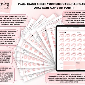 Może przedstawiać: R&oacute;żowy i biały cyfrowy planer z tekstem "Feeling Cozy" i "Plan, Track & Keep Your Skincare, Hair Care & Oral Care Game On Point!" Planer zawiera sekcje do śledzenia rutyny pielęgnacji jamy ustnej, włos&oacute;w i sk&oacute;ry.