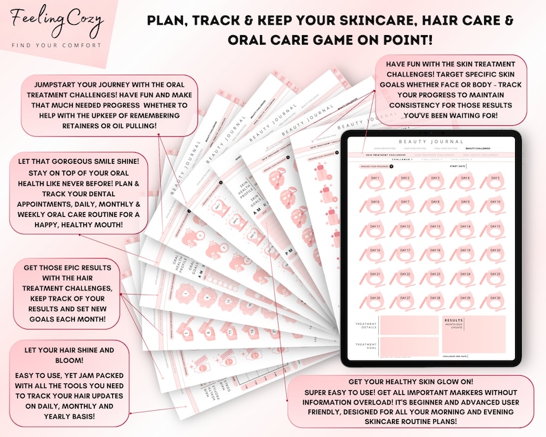 Może przedstawiać: R&oacute;żowy i biały cyfrowy planer z tekstem "Feeling Cozy" i "Plan, Track & Keep Your Skincare, Hair Care & Oral Care Game On Point!" Planer zawiera sekcje do śledzenia rutyny pielęgnacji jamy ustnej, włos&oacute;w i sk&oacute;ry.