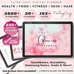 Puede incluir: Un planificador digital con un fondo de acuarela rosa con un diseño floral. El planificador se titula "The Glow-up Planner" e incluye más de 3600 hipervínculos, más de 30 planificadores, más de 165 páginas, más de 235 pegatinas digitales y un rastreador de hábitos de bonificación. El planificador es compatible con GoodNotes, Notability, Samsung Notes, Xodo y más. También incluye un programa de 3 meses para brillar.