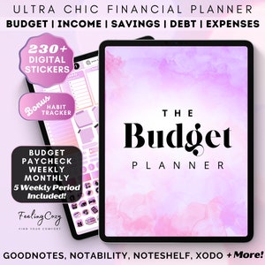 Puede incluir: Un planificador digital para el presupuesto, los ingresos, los ahorros, las deudas y los gastos. El planificador presenta un fondo de acuarela rosa y morado con el texto "The Budget Planner" en negro. Incluye más de 230 pegatinas digitales y un rastreador de hábitos adicional.