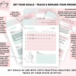 May include: A pink and green printable planner with the text "Set Your Goals - Track & Reward Your Progress!" and "Feeling Cozy Find Your Comfort". The planner includes sections for tracking goals, achievements, body measurements, and mindset.