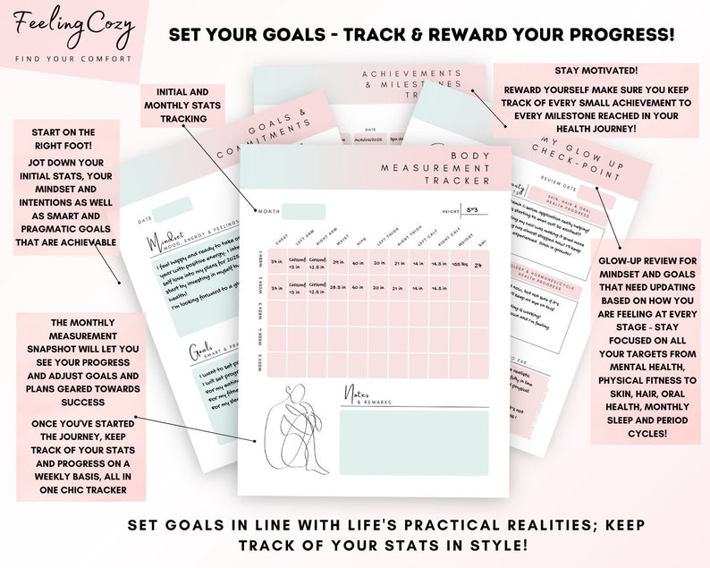 May include: A pink and green printable planner with the text "Set Your Goals - Track & Reward Your Progress!" and "Feeling Cozy Find Your Comfort". The planner includes sections for tracking goals, achievements, body measurements, and mindset.